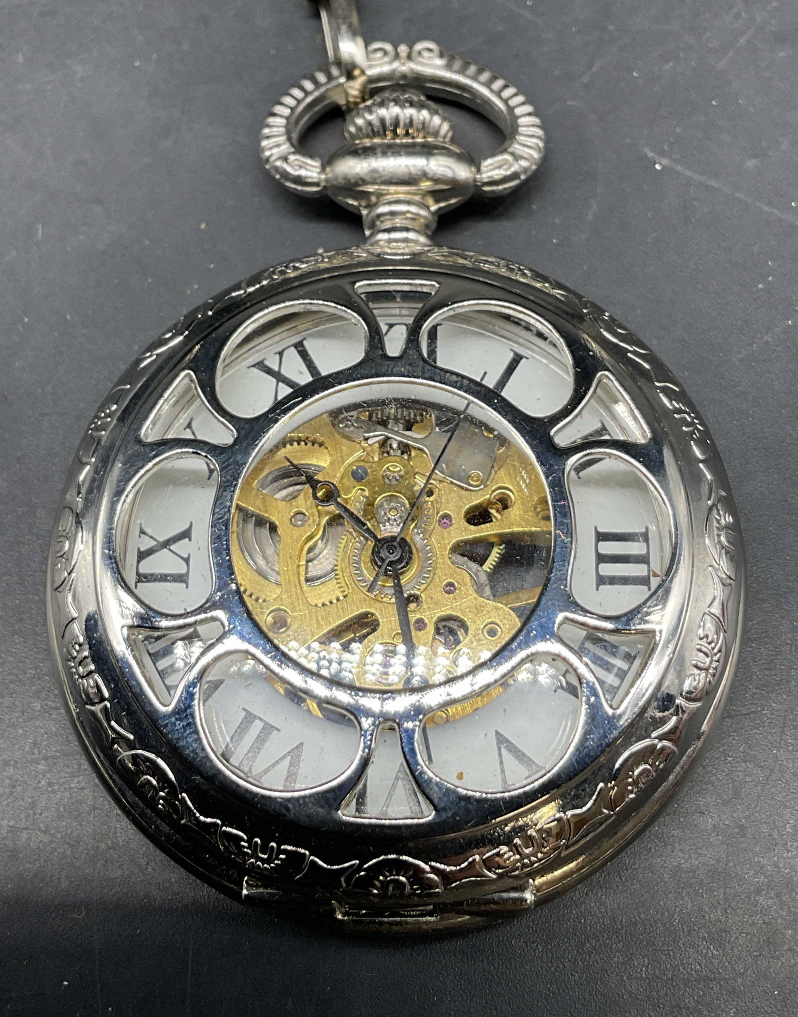 Vtg Silver Toned Mechanical Skeleton Pocket Watch (1 of 7)