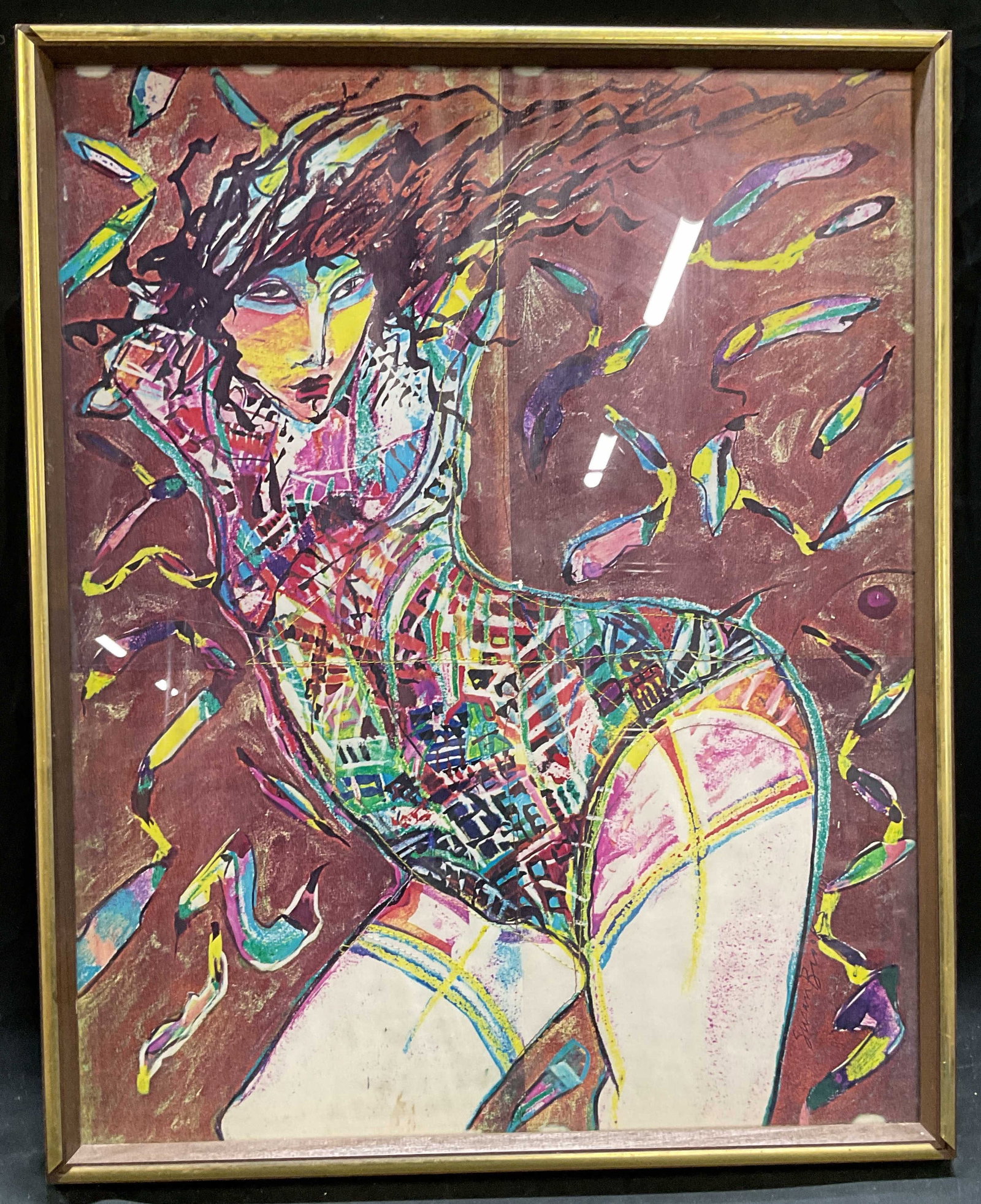 Framed Susan Brooks Woman Mixed Media Print: Framed mixed media print on paper. Susan Brooks (American, 20th/21st century), signature in print. An abstracted woman in purple and green. Sewn detail on paper. Wood frame. Not examined out of frame.