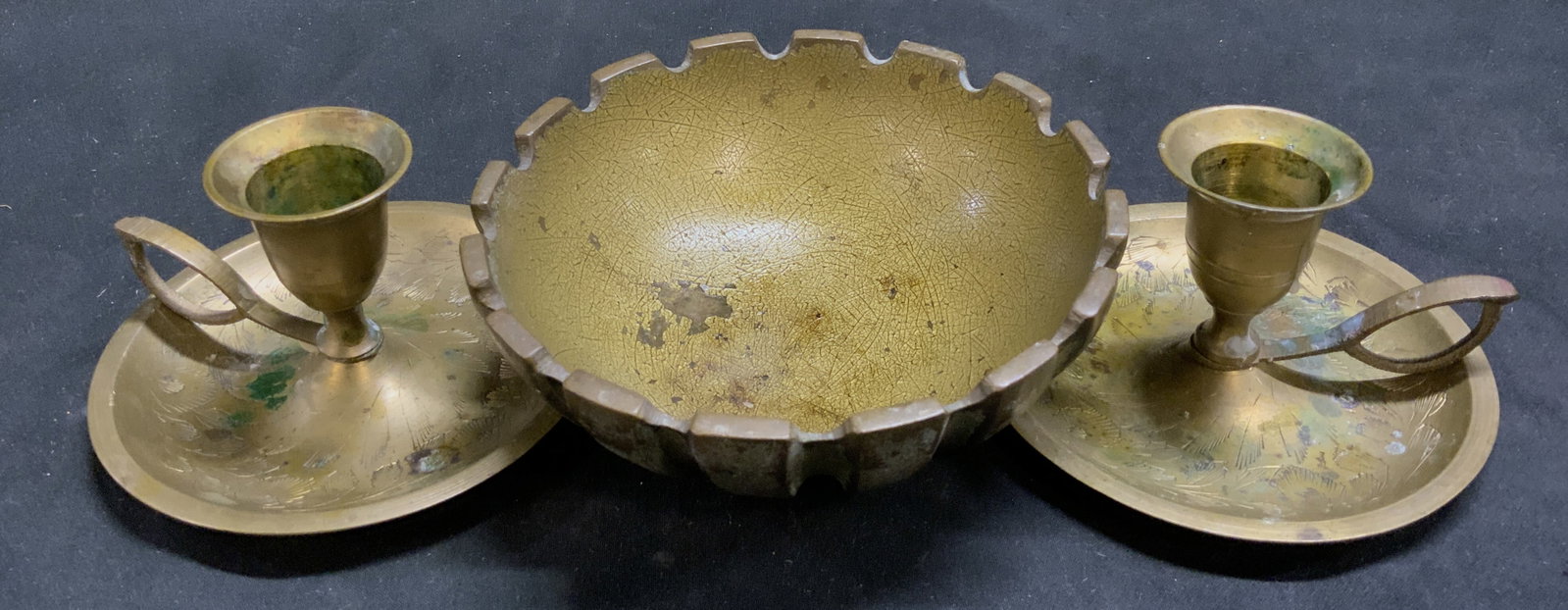 Lt3 Mid-Century Brass Candlesticks India+: Lt3 Vintage Mid-Century Brass Decorative Items. Pair of taper candlestick holders with drip-pan bases and etched floral design from India. Brass pedestal bowl with pie-crust rim and yellow enamel coat