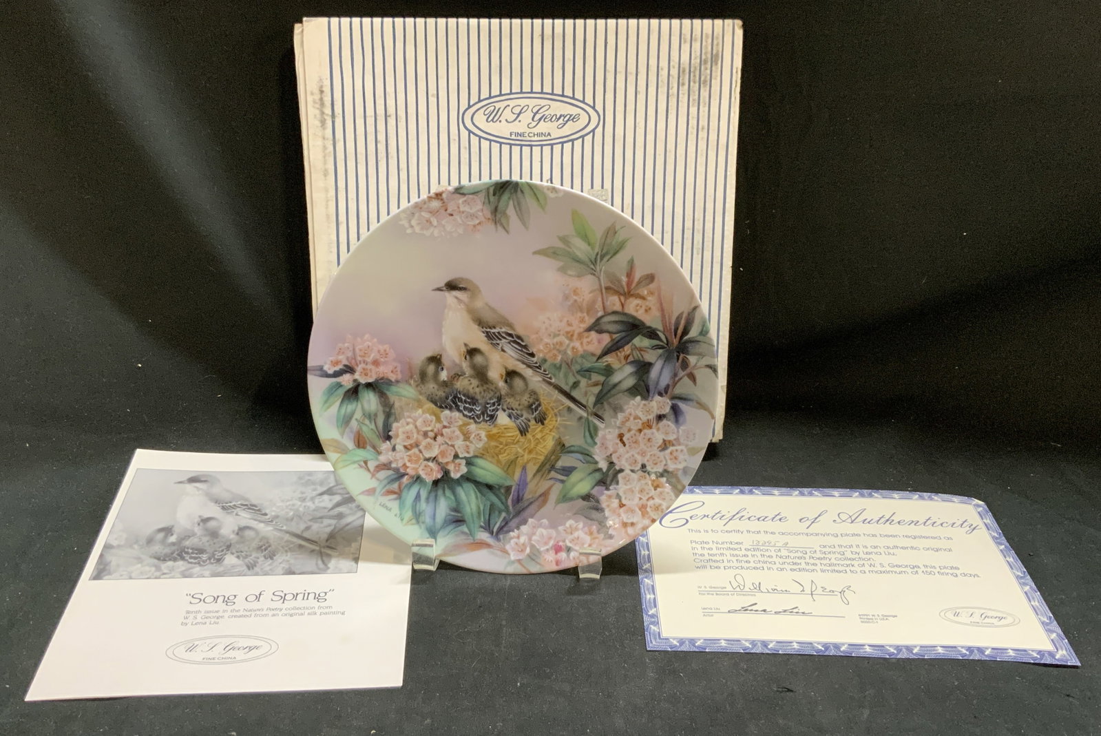 1991 Song of Spring by Lena Liu Collector Plate OB: Vintage 1991 Song of Spring Collector Plate in Original Box. Artist Lena Liu, known for delicate nature paintings on silk. Comes with certificate. 10th Issue in Natures Poetry Collection. Produced by 