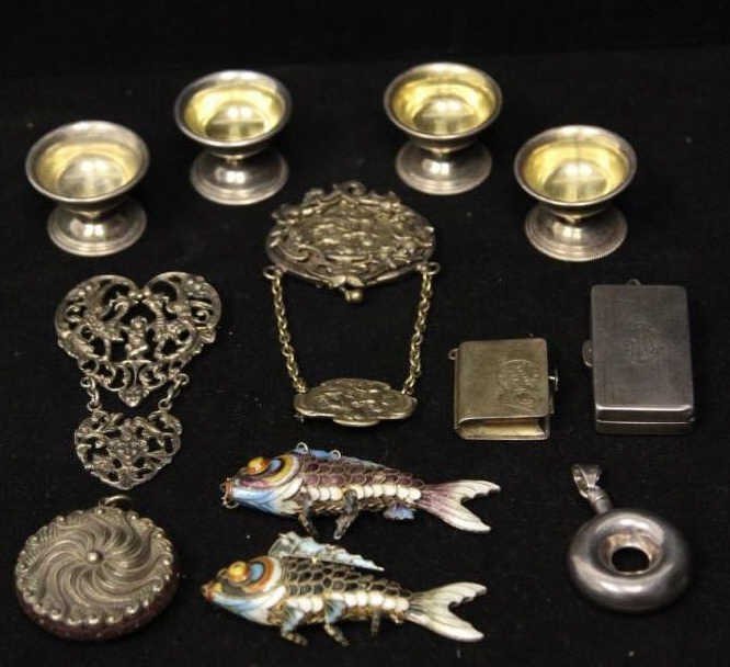 Antique & Vintage Silver Jewelry Articles: 2 Sterling Cloisonne Chinese fish. Sterling Coin Case. Small gold-filled book form locket. Sterling perfume bottle pendant. 2 silver tone pins. Antique sewing pendant to hold pins. 4 small silver plat