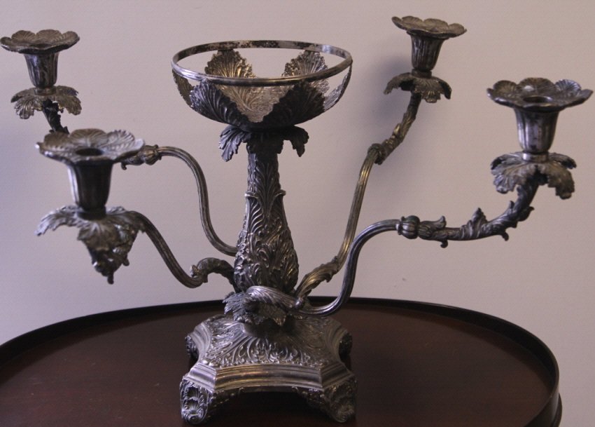 Antique Victorian Silver Plate Epergne Centerpiece: Sheffield silver plate with mark for Hutton. Height 14 inches. Width & Depth 19 inches. Property of a South Salem, NY home.