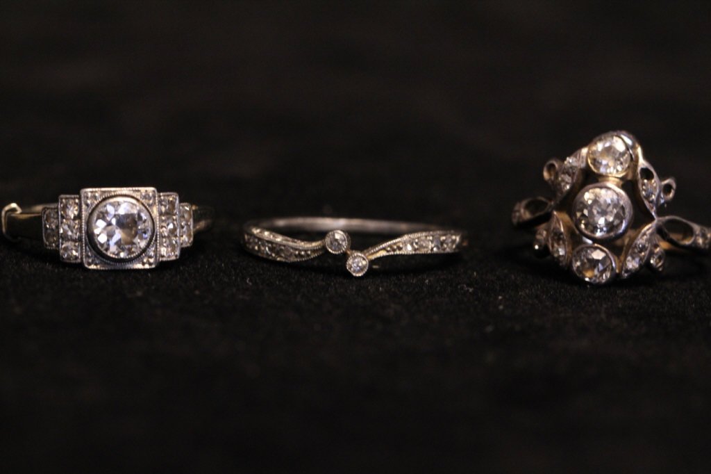 Three Antique Art Deco Gold & Diamond Rings: One band marked 585. Others apparently unmarked. Total weight approximately .20 troy ounces inclusive. Property of a Larchmont, NY estate.