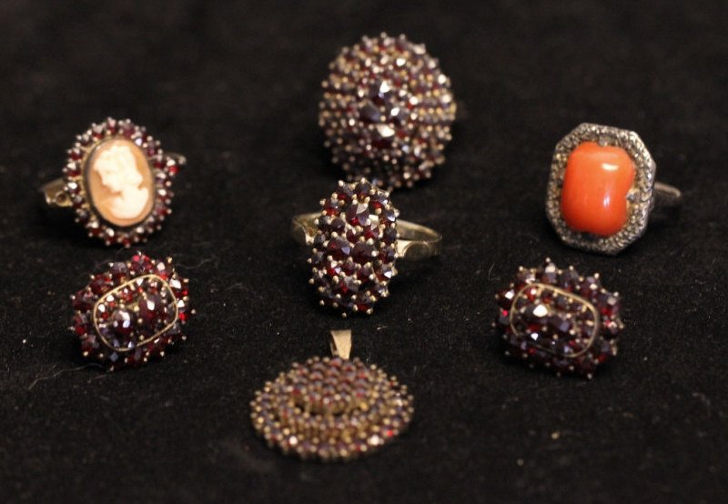 Antique Garnet Coral Marcasite & Cameo Jewelry: Including 2 garnet rings, garnet & cameo ring, coral & marcasite ring, pair garnet earrings & garnet circular pendant. Silver & vermeil set illegible hallmarks. Property of a Larchmont, NY estate.