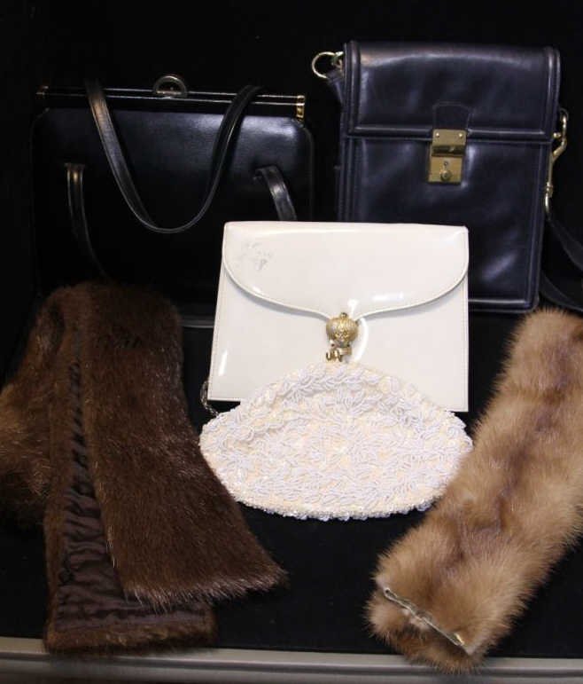 Vintage Handbags & Mink Stoles: 2 Vintage Mink Stoles, Beaded Purse, Black Leather Purse, Blue Leather Purse, White purse with blackamoor style clasp. Length of longest stole 47 inches.