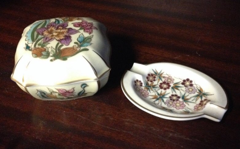 Zsolnay Pecs Hungary Porcelain Articles: Box & Dish. Box measures 4 inches by 4 inches.