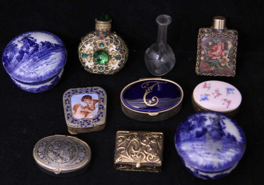 Assorted Antique & Vintage Pill Boxes: Seven porcelain and metal pill boxes, and three perfume bottles, tallest 3 inches. Property of a Larchmont, NY estate.