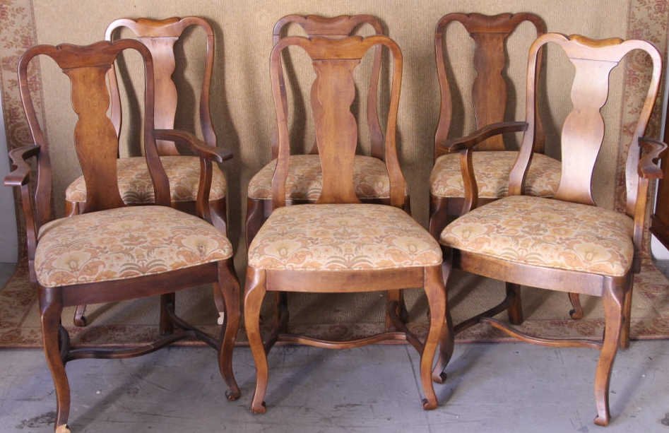 Set of 6 Queen Ann Style Chairs: 2 arm chairs 4 side chairs. Height 39 inches. Width of armchair 24 inches. Depth 18 inches.