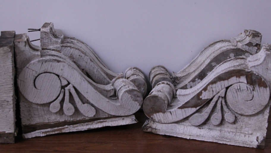 4 Antique American Victorian Wood Corbels: Height 13 inches. Depth 10 inches. Removed from a Cattskills, NY Victorian home.