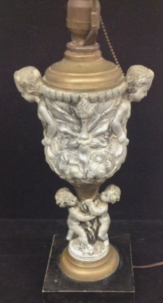 Antique Neo Classical Italian Baroque Lamp: Ornately cast metal showing Putto & Italian baroque design elements. Height 27 inches.