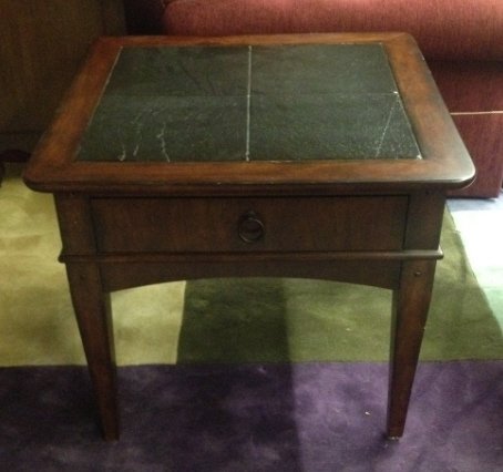 Contemporary Mahogany & Slate Top End Table: 4 tile top single drawer. Height 25 inches. Width 28 inches. Depth 28 inches.