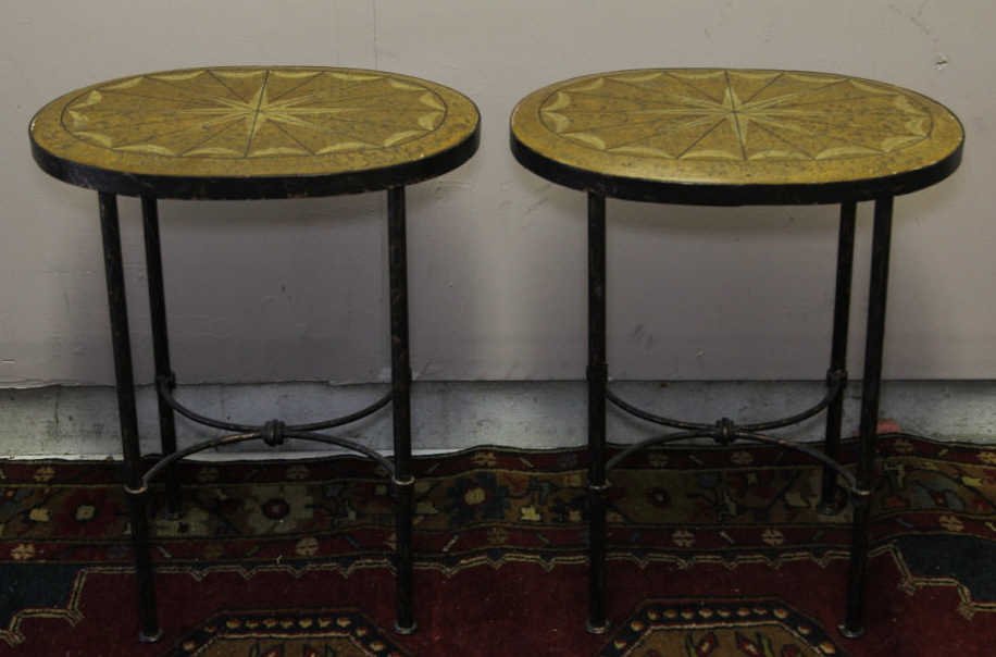 Pair Contemporary Wrought Iron Starburst Tables: Hand painted starburst motif tops to resemble marquetry wood inlay. Height 24 inches. Width 14 inches. Depth 20 inches