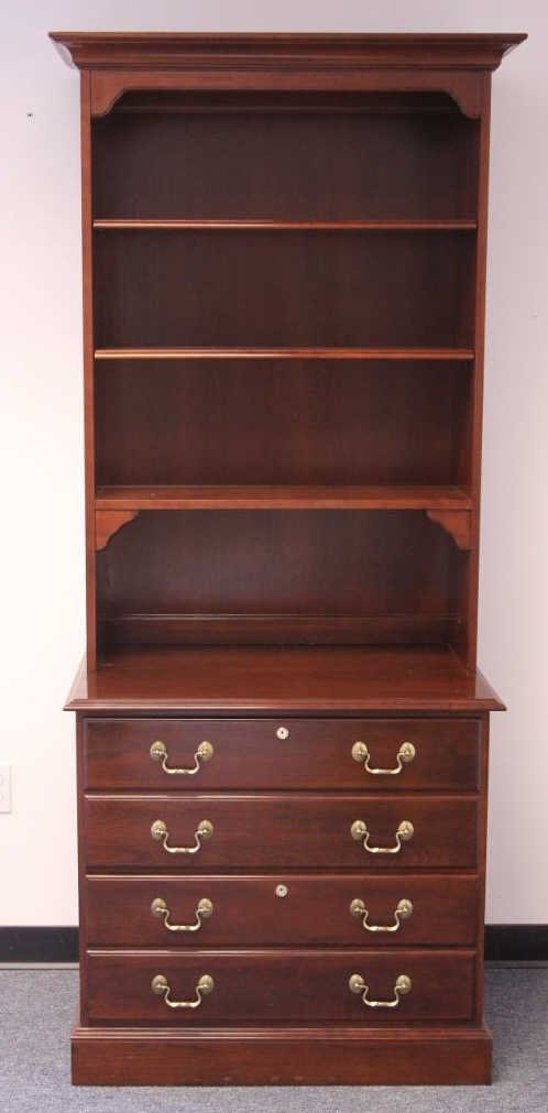 Ethan Allen Mahogany Office Bookcase: 2 Filing drawers on bottom. Height 78 inches. Width 33 inches. Depth 21 inches.