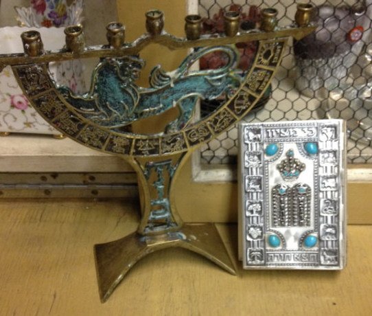 Vintage Menorah & Prayer Book: Each showing the 12 tribes of Isreal. Height of menorah 9 inches,