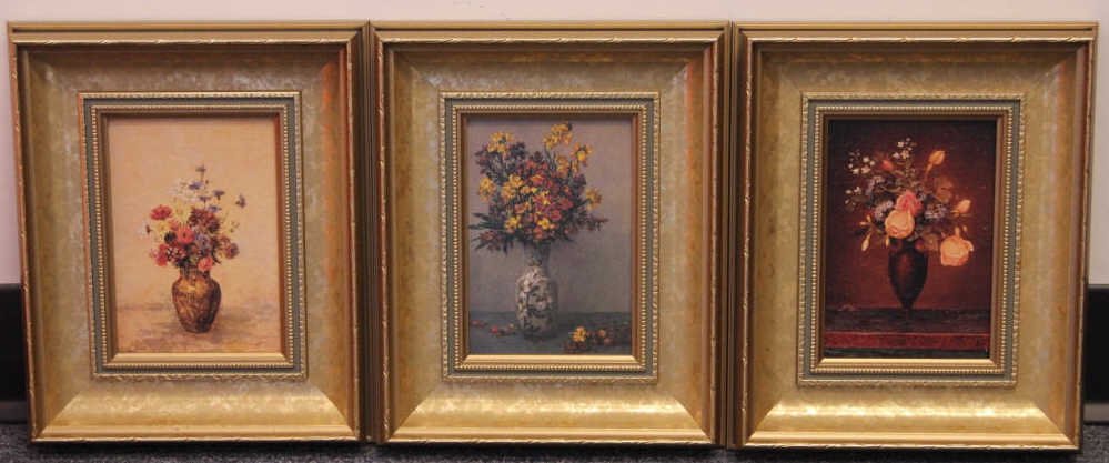 3 Contemporary Still Life Framed Prints: Showing famous paintings by Odlon Redon, Martin Johnson Heade & Louisa Mary Bancroft. Each measuring 11.5 inches by 9.5 inches.
