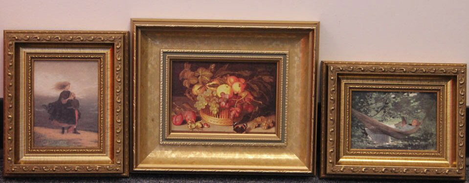 3 Contemporary Sill Life & Landscape Framed Prints: Copies of original paintings by Eastman Johnson, Johnnes Bosschaert, & Winslow Homer. Largest measures 9 inches by 11 inches