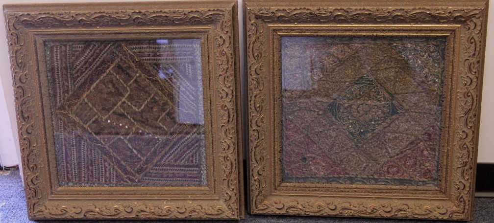 Eastern Framed Embroidery & Bead Work Panels: In contemporary frames. Each measures 22 inches by 22 inches.