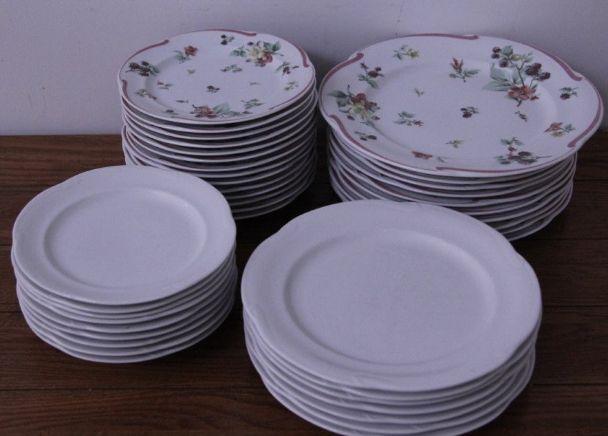 Christian Dior Dinner Service & Flatware: Provence Collection “ Blanc & Alsace.” 16 dinner plates, 10 salad plates, 13 soup bowls, 1 serving platter. 9 knives, 10 spoons, 6 forks.