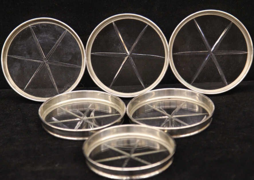 Set of Gorham Sterling Silver & Crystal Coasters: Marked Gorham. Measures 3 inches in diameter.