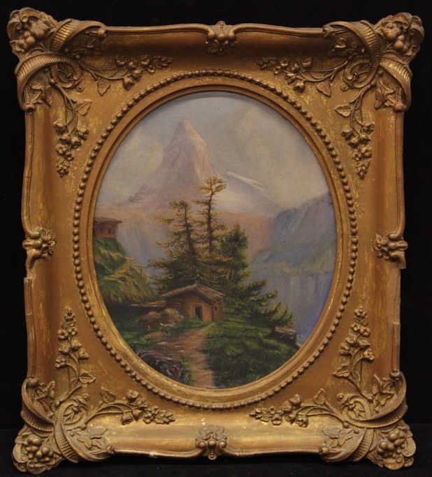 Antique Swiss Landscape w/ Matterhorn & Chalet: Measures 16 inches by 15 inches.
