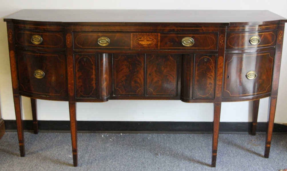 Beacon Hill Collection Federal Style Buffet Server: Interior drawer marked. Original skeleton key. Finely detailed inlaid work and tapered legs. Height 38 inches. Width 70 inches. Depth 23 inches.