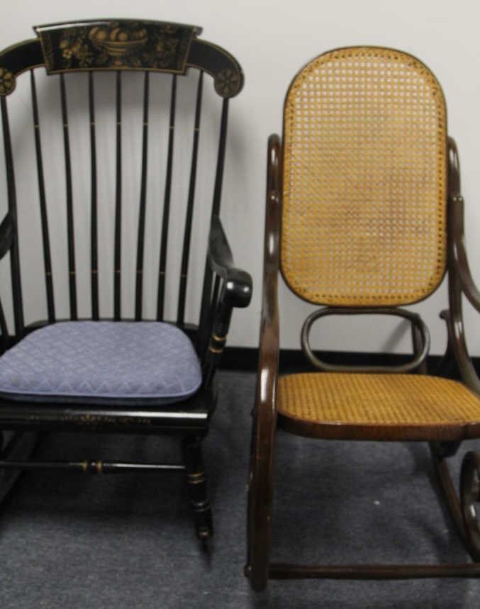 Two Vintage American Rocking Chairs: Larger measures; height 41 inches, width 24 inches, depth 29 inches.