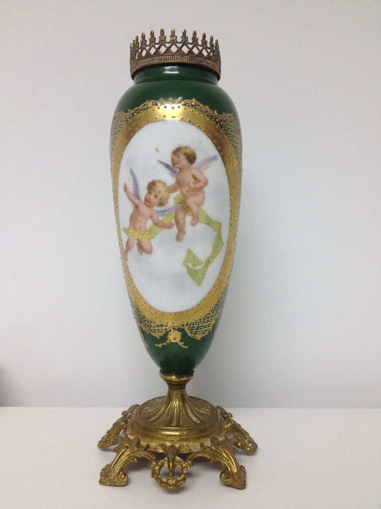 Antique Victorian Gilt Ormolu & Porcelain Vase: Can also be base for vase, compote or lamp. Decorated for gold enamel paint design and putti. Measures 7.5 inches in height.