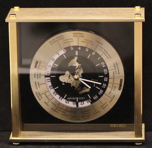 Large Vintage Seiko World Clock: Height 8.5 inches. Width 8.5 inches. Depth 3.5 inches.