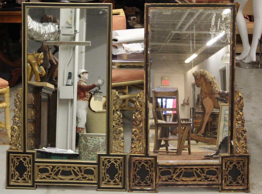 Pair Antique Gilt & Ebony Decorated Mirrors: One with losses. Height 41 inches. Width 26 inches.