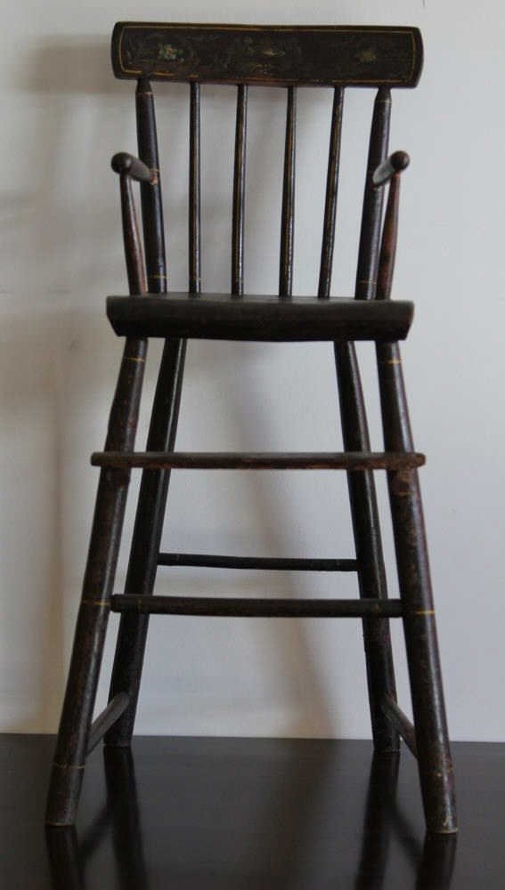 Antique Early American Child's High Chair: Ideal for antique doll display. Hand painted original finish. Height 30.5 inches. Width 12 inches. Depth 14 inches.