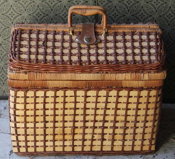 Vintage Picnic Basket Filled w. Luncheon Service: Interior packed with porcelain luncheon service for four along w/ silverware.