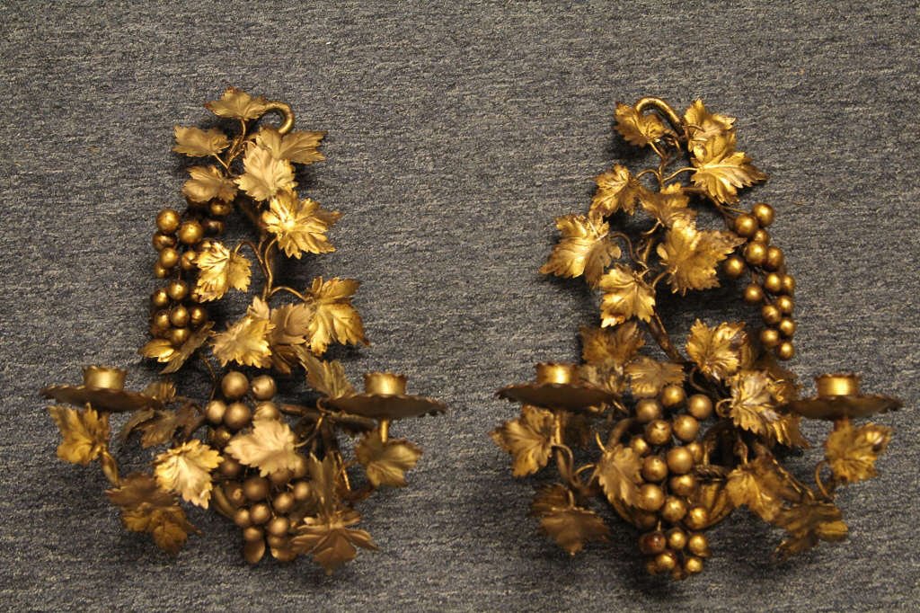 Pair Gilt Metal Grape Motif Wall Sconces: Height 15 inches. Width 10 inches. Depth 7 inches.
