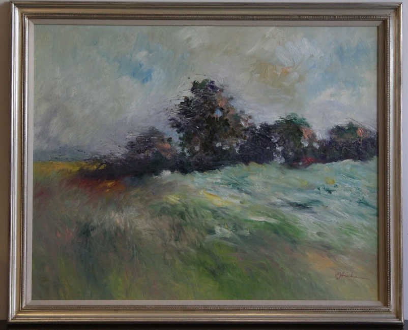 Signed Abstract Expressionist Landscape Painting: Signed E. Hicks. Professionally framed. Measures 28 by 36 inches.
