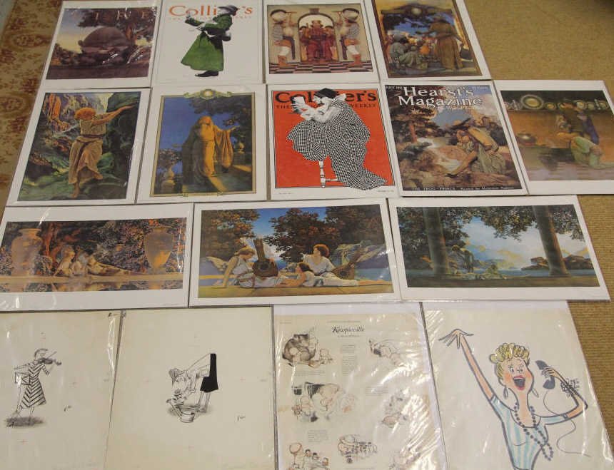 Collection of Vintage Posters & Prints: Some originals, some reproductions. Maxfield Parrish, Kewpie & cartoons. Each measures approximately 16 inches by 11 inches.