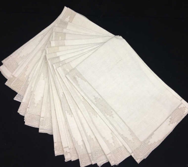 Twelve Antique Italian Cut Work Napkins: Cut work, embroidery & lace napkins. Very nice condition. Measures 21 inches by 21 inches.