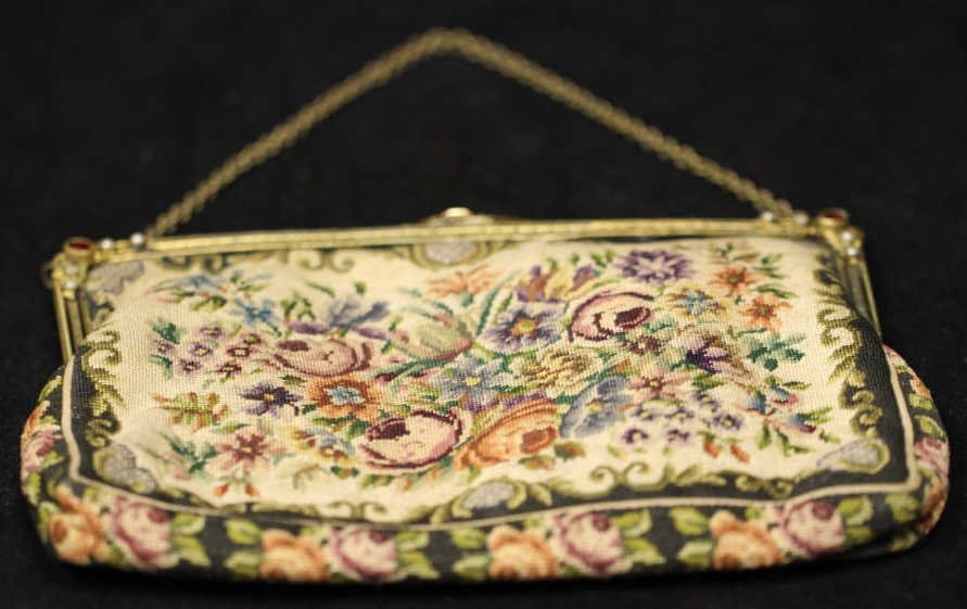 Antique Continental Petite Point Purse Jewel Clasp: Ornate Ormolu Frame Set w. Stones. Bag measures 5.5 inches by 8 inches, plus chain. Property of a Larchmont, NY estate.