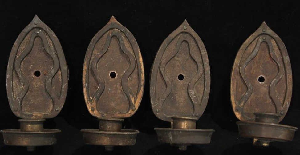 Two Pairs Antique Tudor Revival Style Wall Sconces: Height 9 inches. Depth 6 inches.
