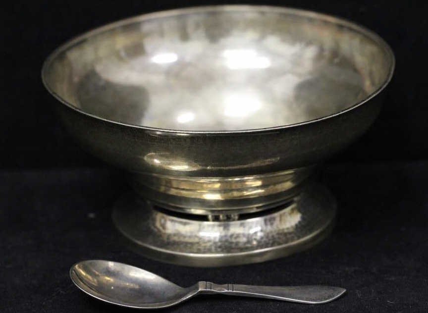 George Jensen Sterling Silver Bowl and Spoon: Vintage mid-century early George Jensen silver bowl #414A Weight 126.1 DWT Spoon weight 47.6 DWT Marked George Jensen Excellent Condition