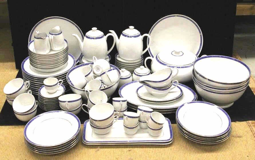 Cristofle China Service Oceana Bleu Pattern: Dinner Plate Diameter 10.5 inches.10 dinner plates, 10 rimmed soup bowls, 10 cream soup or salad bowls, 2 gravy boats and saucers, 2 Cream and sugar set, 2 coffee pots, 1 lidded tureen, 4 serving bowl