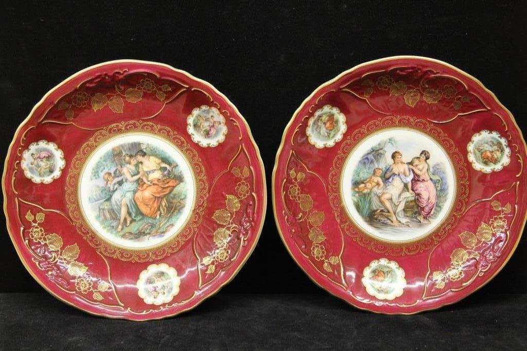 Pair Hand-Painted German Antique Porcelain Plates: Victorian scene