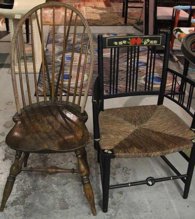 Two Country American Style Chairs: One antique wood hand made Windsor back, second vintage rush seat with painted details.