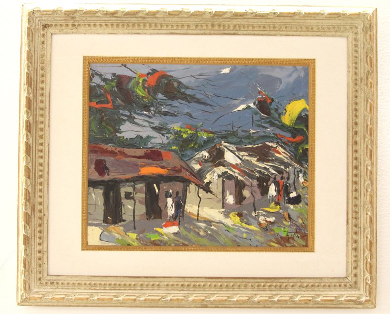 Vintage Caribbean School Signed Painting: Professionally framed & matted, signed lower right Frita. Frame measures 15.75 by 18.75 inches.
