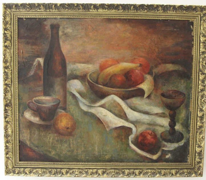 Vintage Still Life Painting - Fruit & Wine: Showing an abstract scene of fruit, wine, goblet and cup. measures 28 inches by 24 inches in frame.