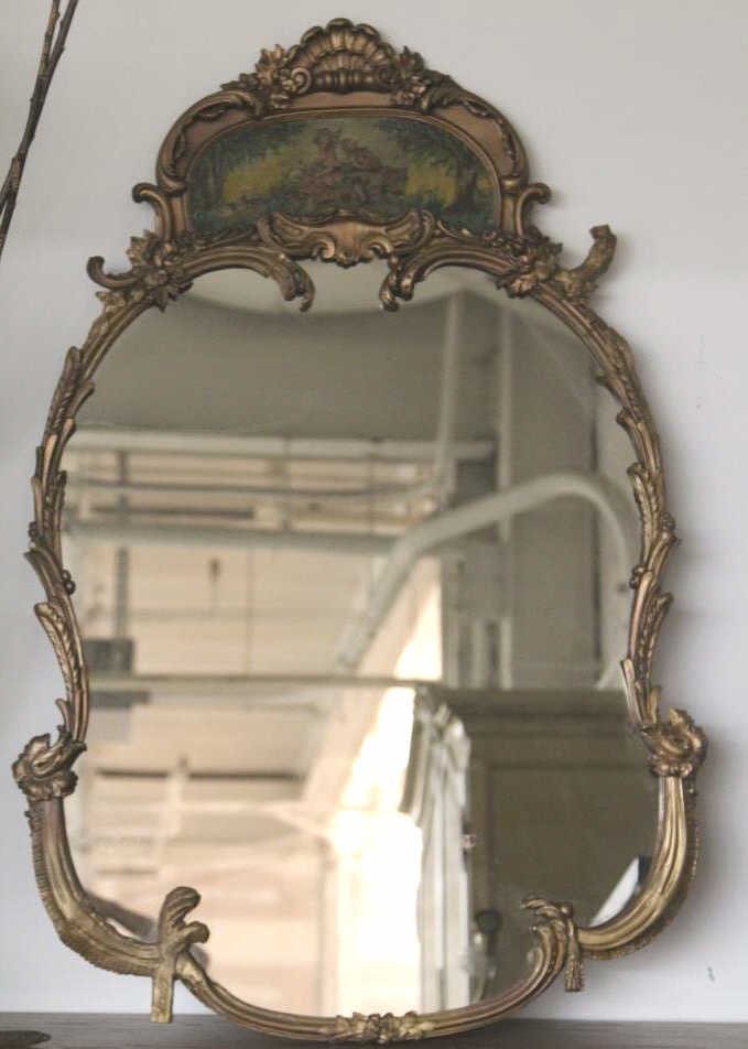 Antique Large Scale Painted Mirror Victorian Scene: Hand carved, hand painted ornate detail. Gilded Victorian style frame. Good antique condition. Height 47 inches. Width 30 inches.