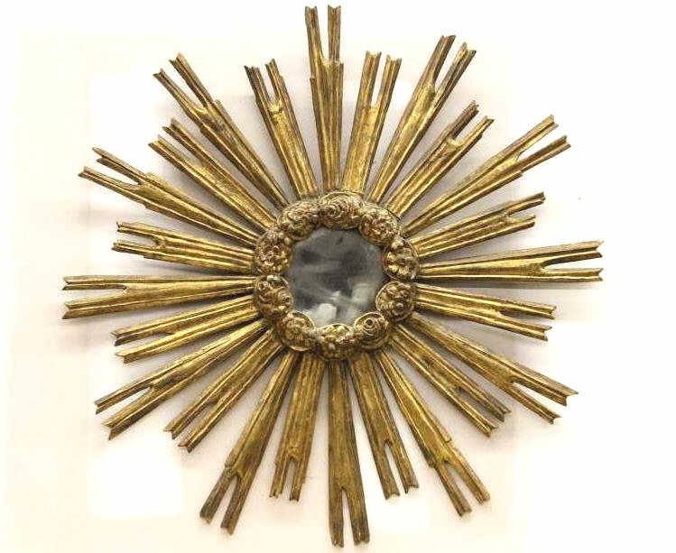 French Antique Gilded Starburst Mirror: From Fleur Gallery. Diameter 36 inches.