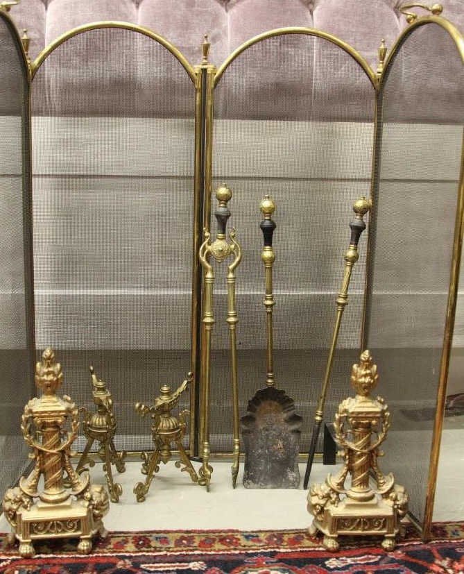 Antique & Contemporary Fireplace Tools: Neo Classical style andirons, screen, three tools, pair log rests. Height of andirons: 13 inches. Height of screen: 34 inches
