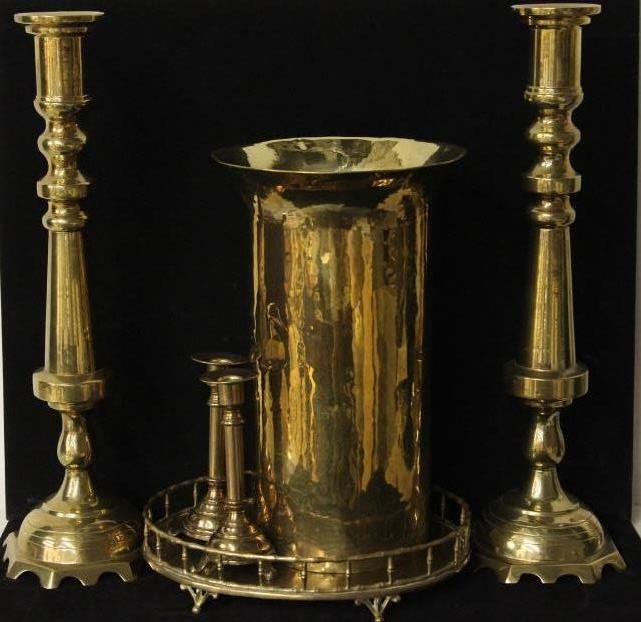 Assorted Vintage Brass Table Articles: Two pairs of candlesticks, large vase or wine cooler and tray with gallery. Height of tallest: 20 inches