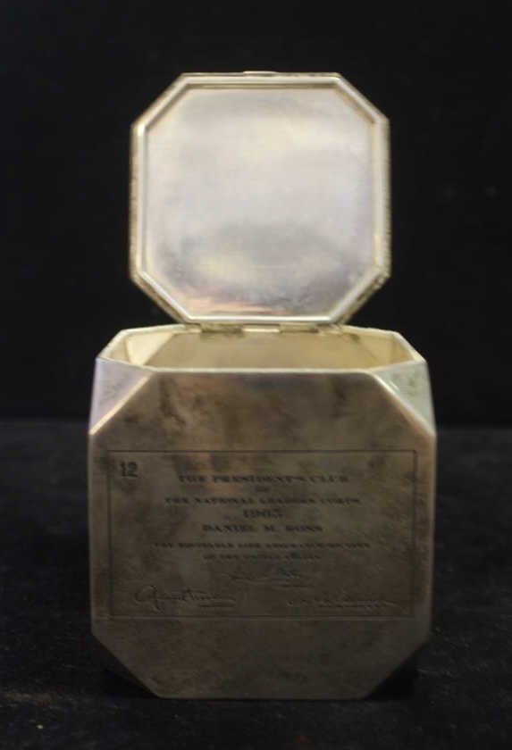 Sterling. Tiffany and Co. Decorative Box: Signed Tiffany. Comemorative box from The President's Club. 1965. Heights 3.5 inches