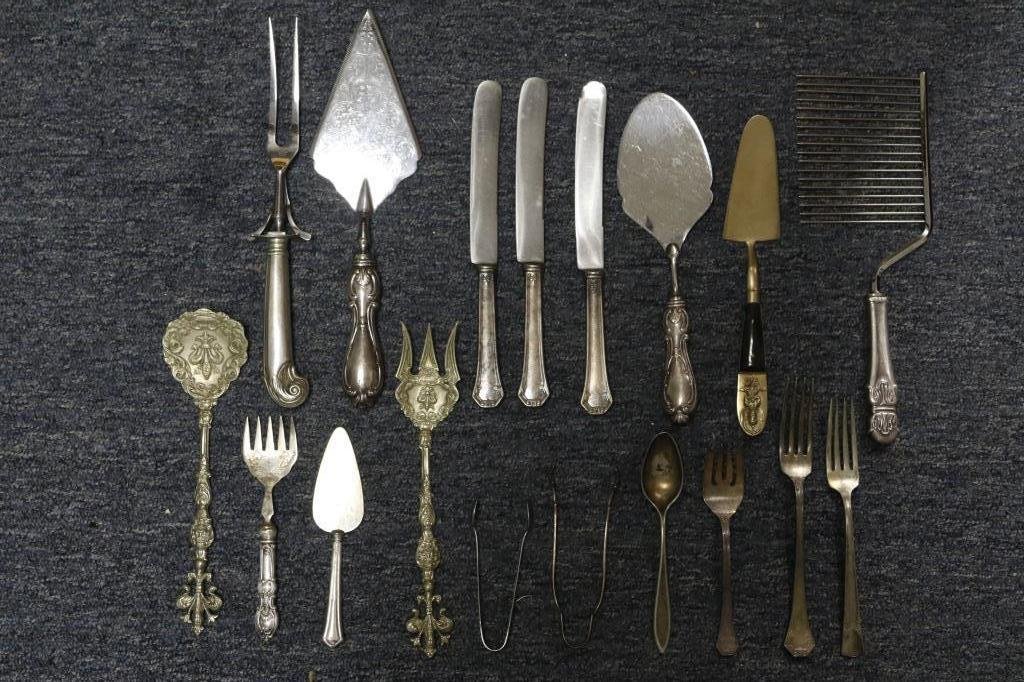 Assorted Silver Serving Pieces & Utensils: 3 Butter knives, 3 cake servers, 2 ice prongs, 2 serving utensils marked for Firenze, etc. Some marked for Embassy, Community, Reed & Barton