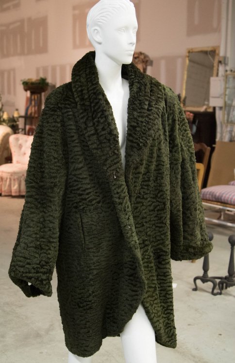 Dyed Green Persian Lamb Fur Jacket: Bartoli Pellicceri. Made in Italy. Shoulder to wrist 26 inches. Length 34 inches.